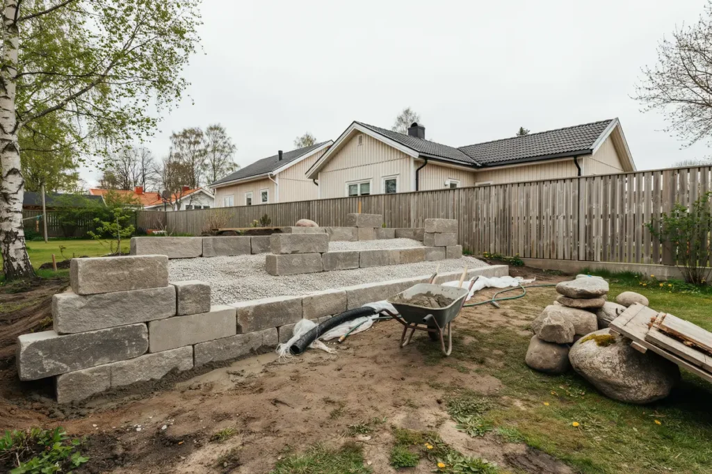 st dmur i tr dg rden material markarbete och kostnad att planera f r